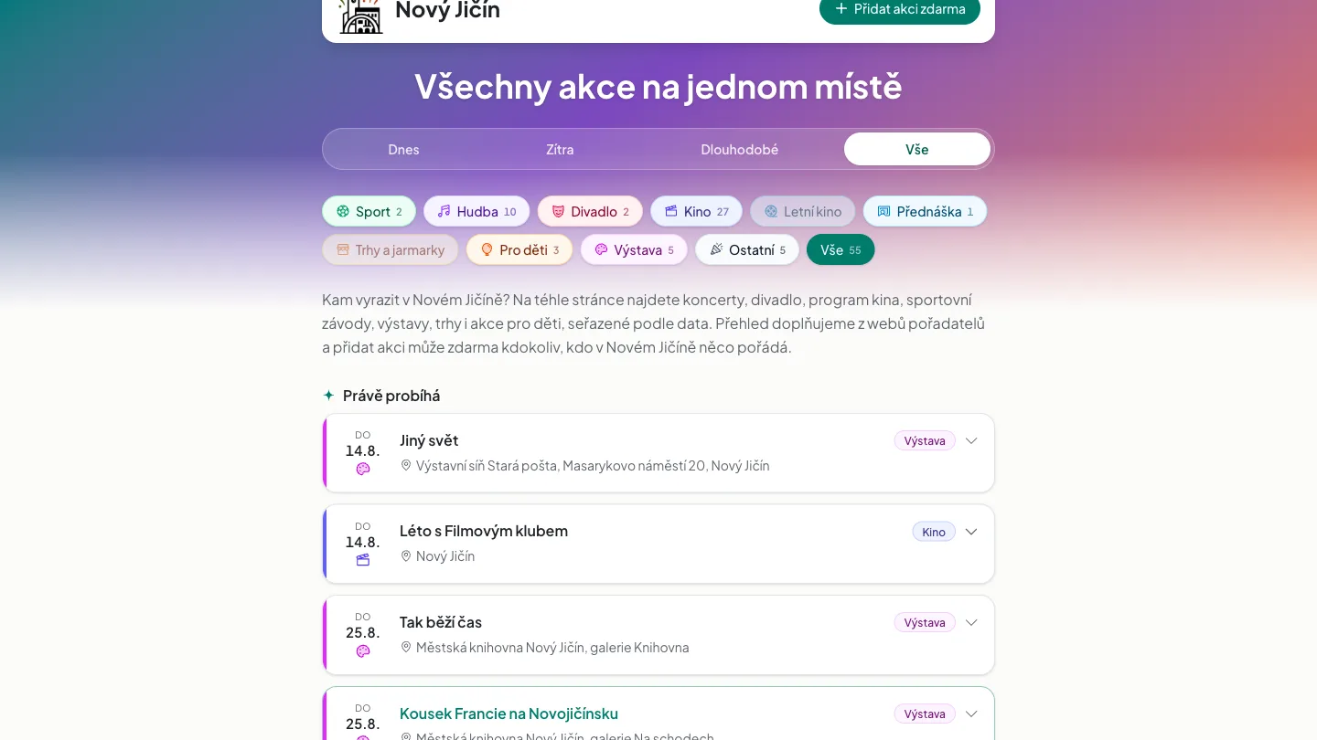 Vyhledávač akcenj.cz na počítači, filtry a seznam akcí